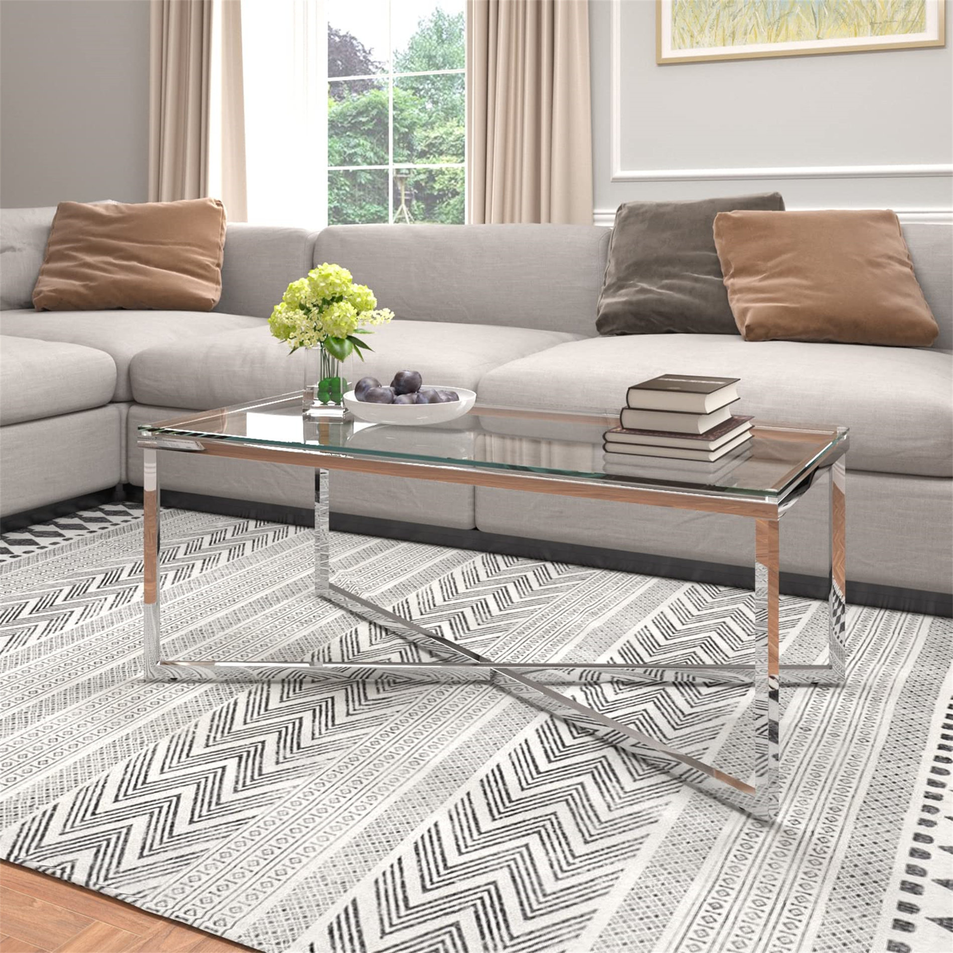 Draper Furniture Finely Large Coffee Table With Glass Top And Stainless