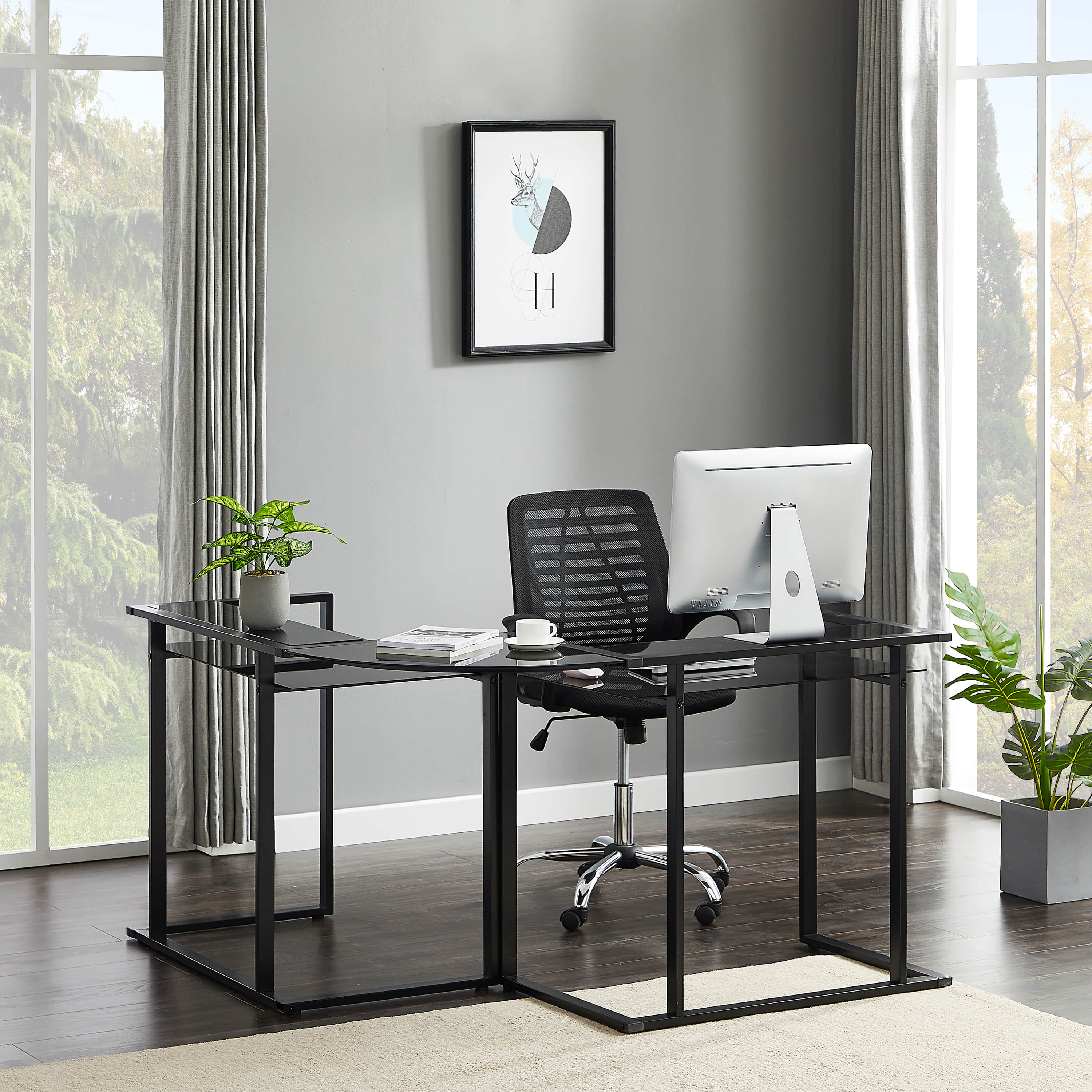Inbox Zero LShaped Glass Desk, 56’’ Home Office Computer Desk With