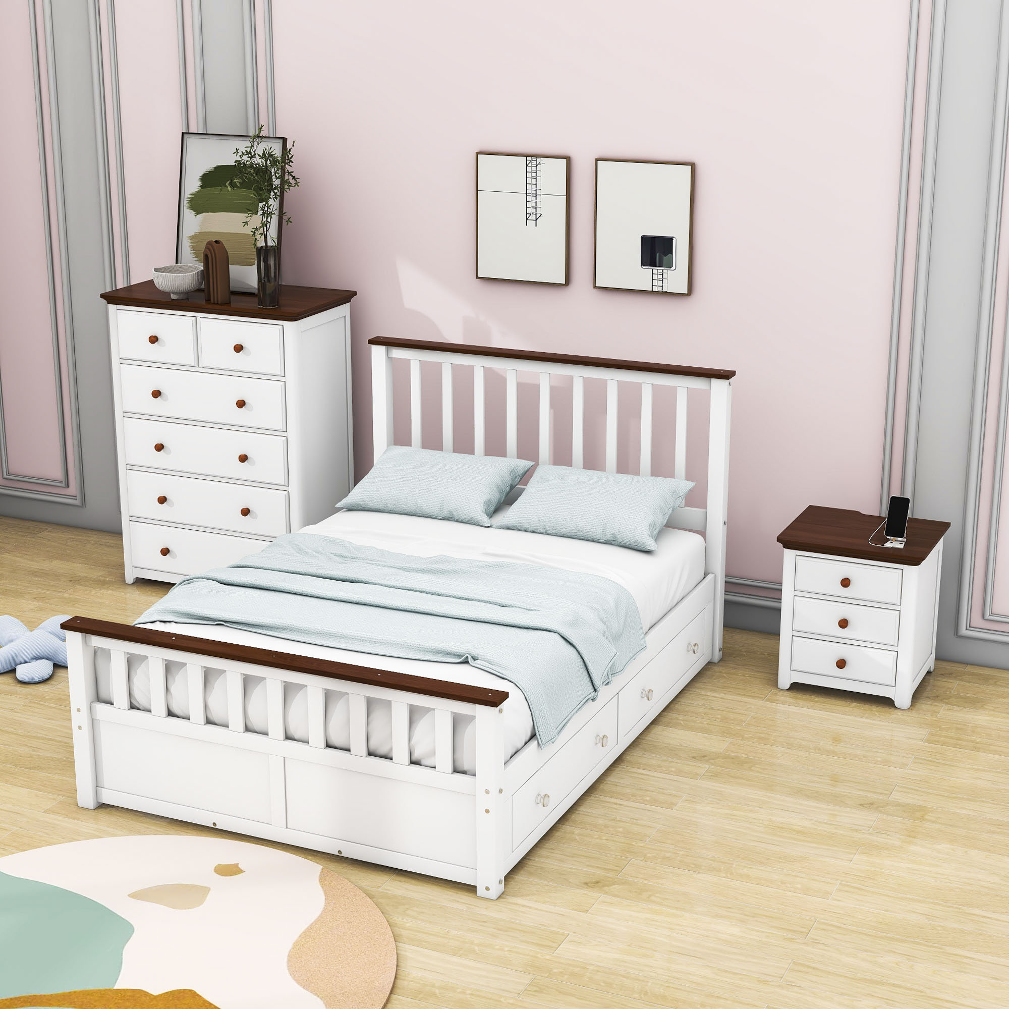 Winston Porter 3Pieces Bedroom Sets, Platform Bed With Storage Chest