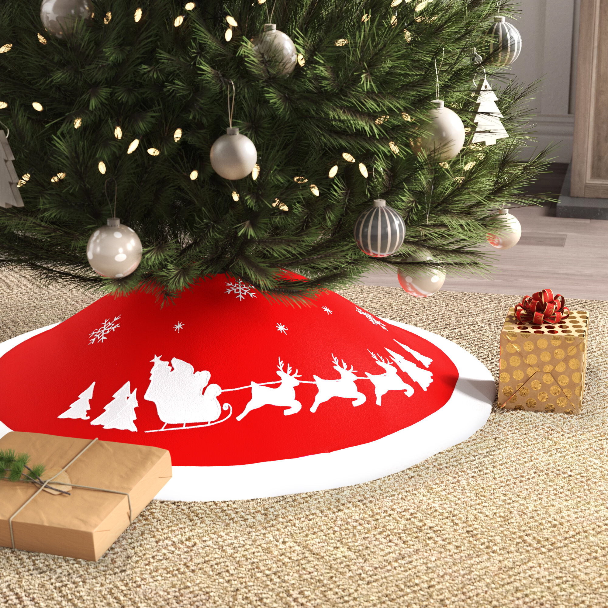 Deer Plush Xmas Tree Skirt with Tassels Christmas Holiday Decoration My Daily Santa Snowman Christmas Tree Skirt 36 inch