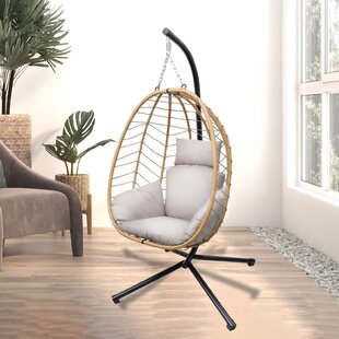 Brown Stylish Comfortable Relaxing with Cushion and Stand Resin Wicker Hanging Egg Swing Chair for Indoor Outdoor Patio Backyard