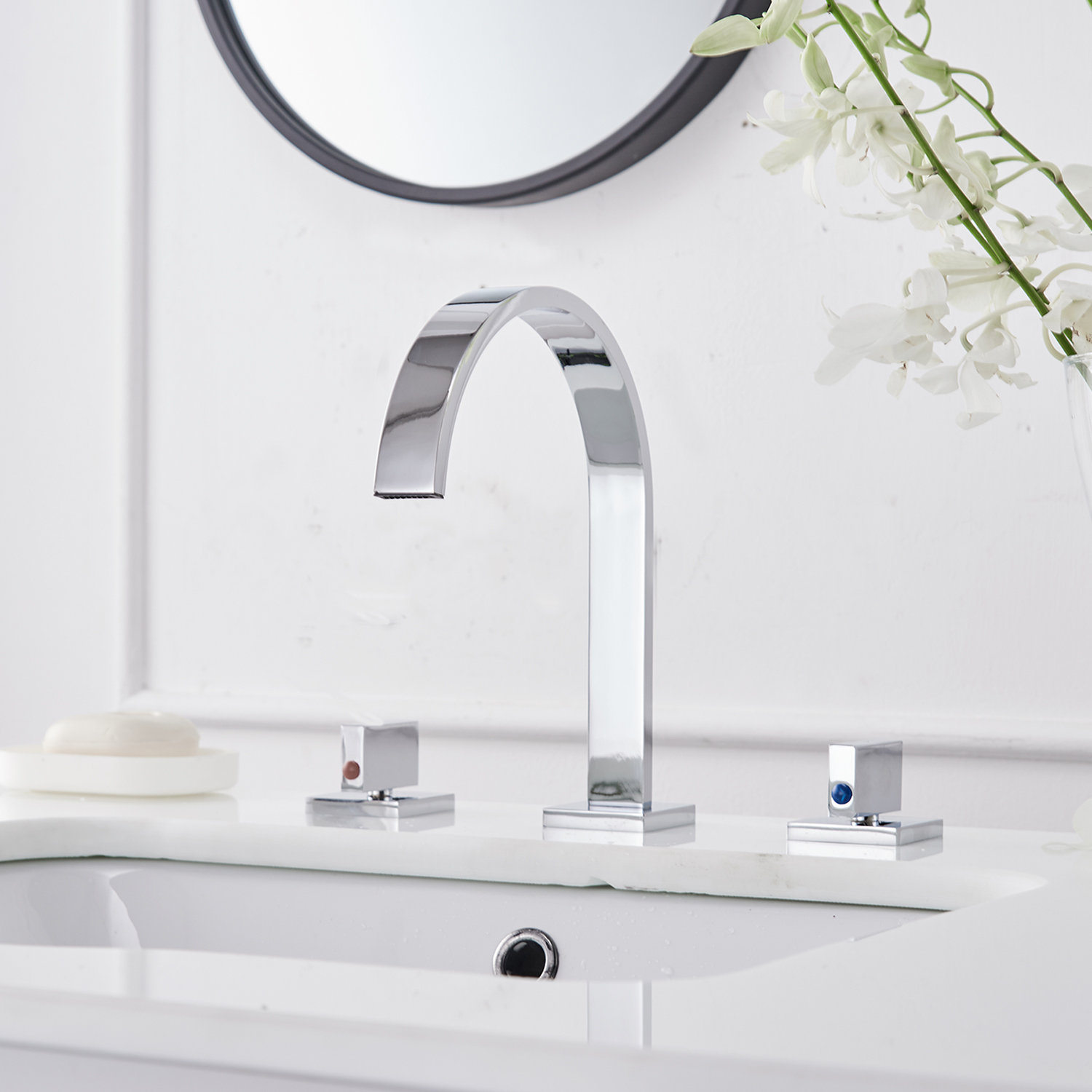 360 Swivel Spout Faucet 4 Inch 2-Handle Bathroom Sink Faucet - 360° Swivel Spout Polished Chrome Deck Mount Phiestina Bathroom Faucet