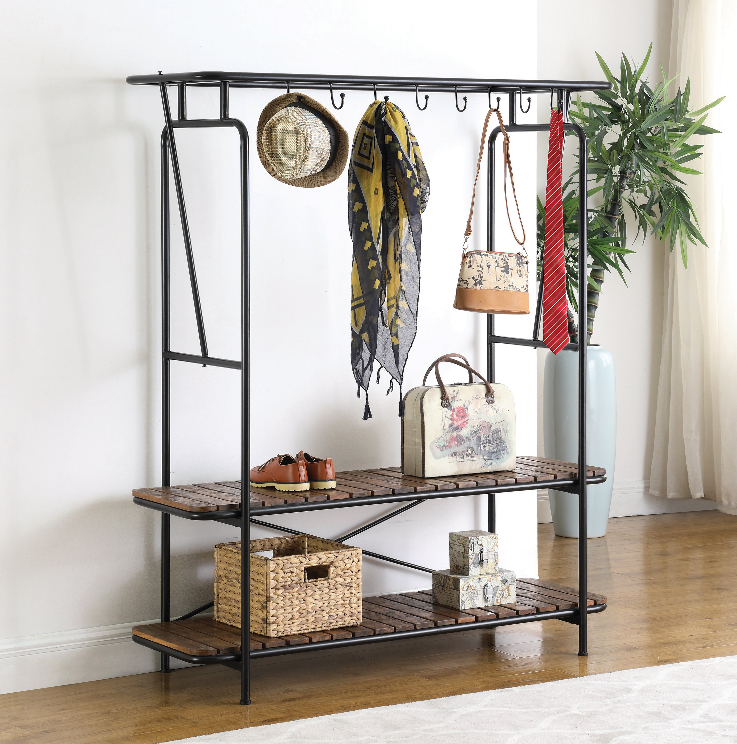 17 Stories Kyzer 59'' Wide Pine Solid Wood Hall Tree with Shoe Storage