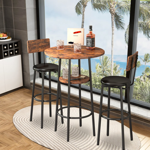3-Piece Bar Table Set For 2, Small 2-Tier Round Bistro Pub Dining Table And Stools With Backrest, Counter Height Table And Chairs Set For Kitchen