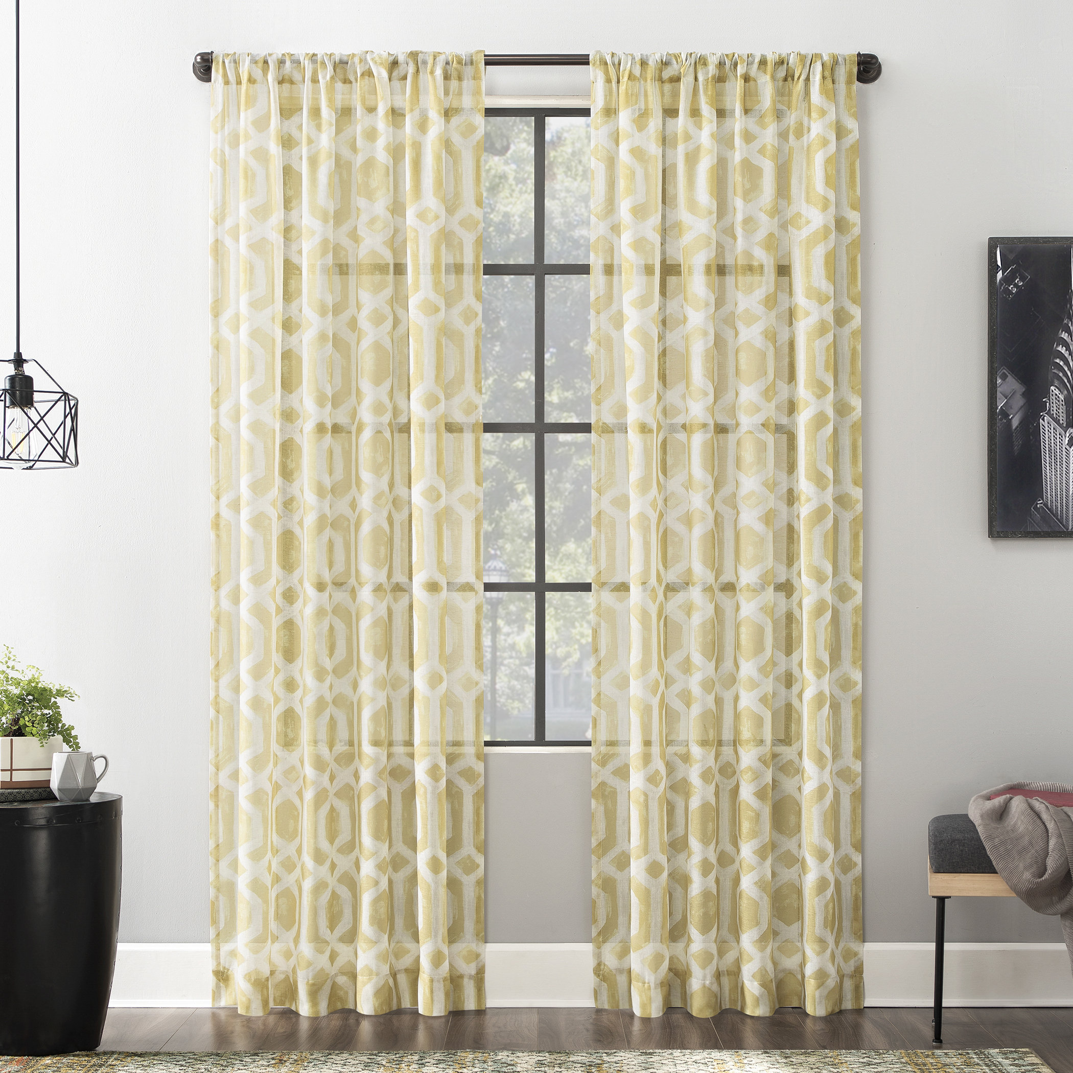 Picture of Scott Living Sloane Trellis Print Linen Blend Sheer Rod Pocket Curtain ...