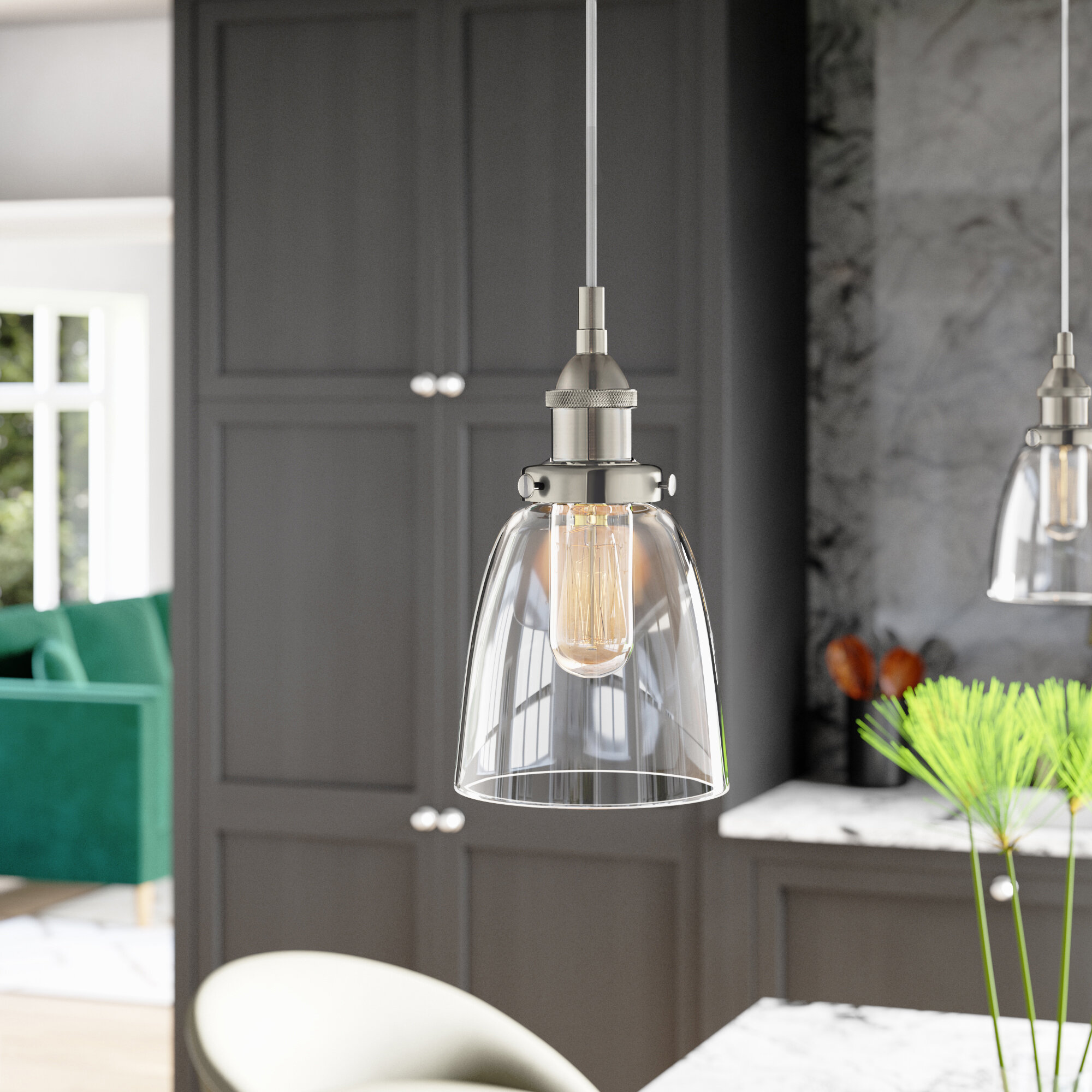 Modern Pendant Light Ceiling Light Glass Shade Hanging Lamp Brushed Steel Finish 