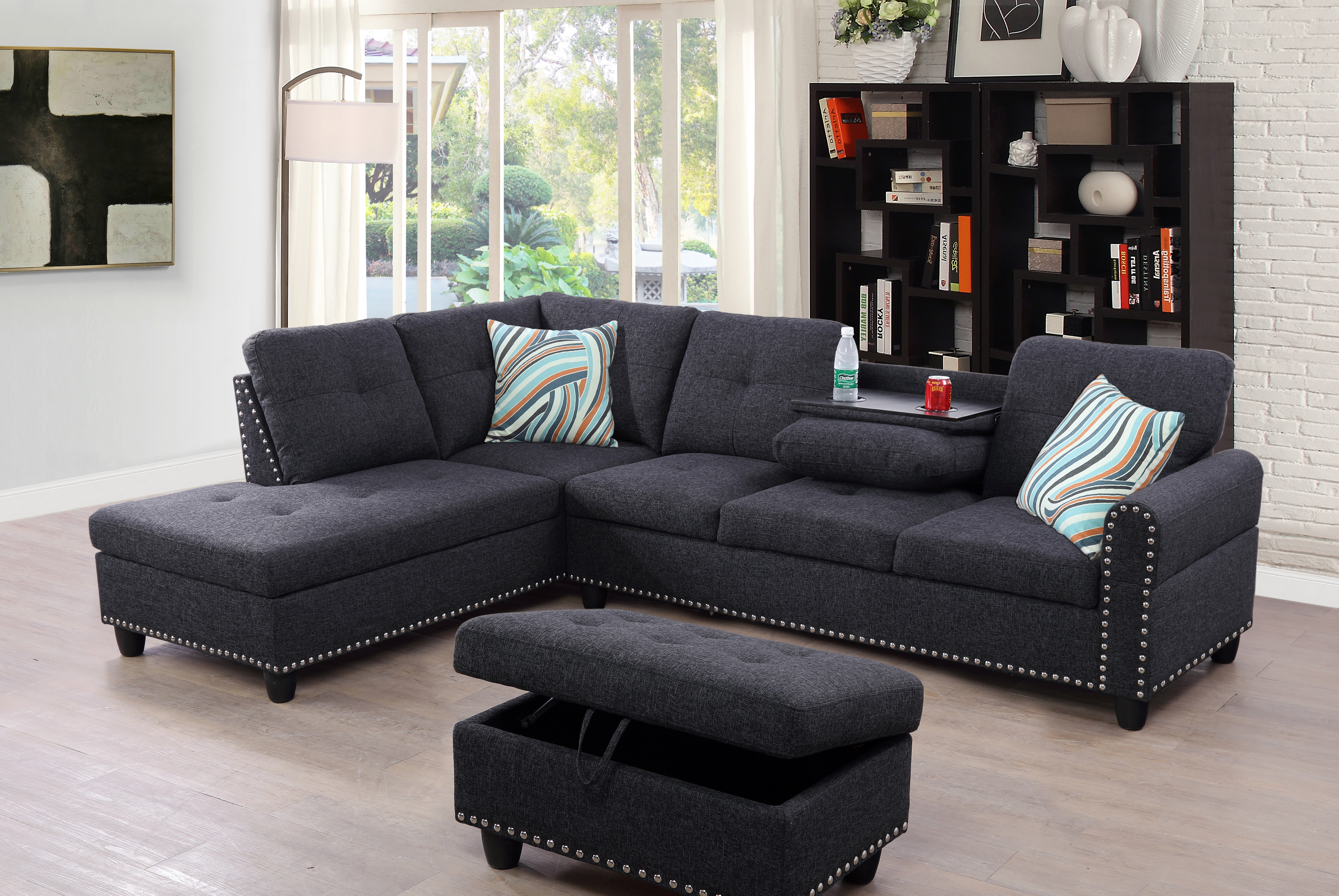 Right Hand  Sectional Sofa Set Build-in Drop Down Coffee Table,Ottoman,2 Pillows 