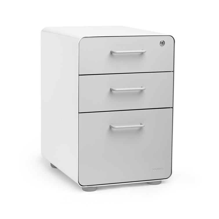Poppin Slim Stow 3-Drawer Lockable File Cabinet in White & Light Gray