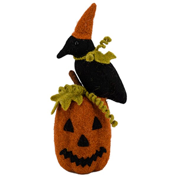 Black Crow Wearing Witches Hat Sitting on Orange Halloween Pumpkin 7 Inches Tall 