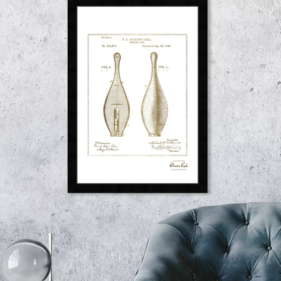 'Bowling Pin 1895' Framed Graphic Art in Gold gray,brown