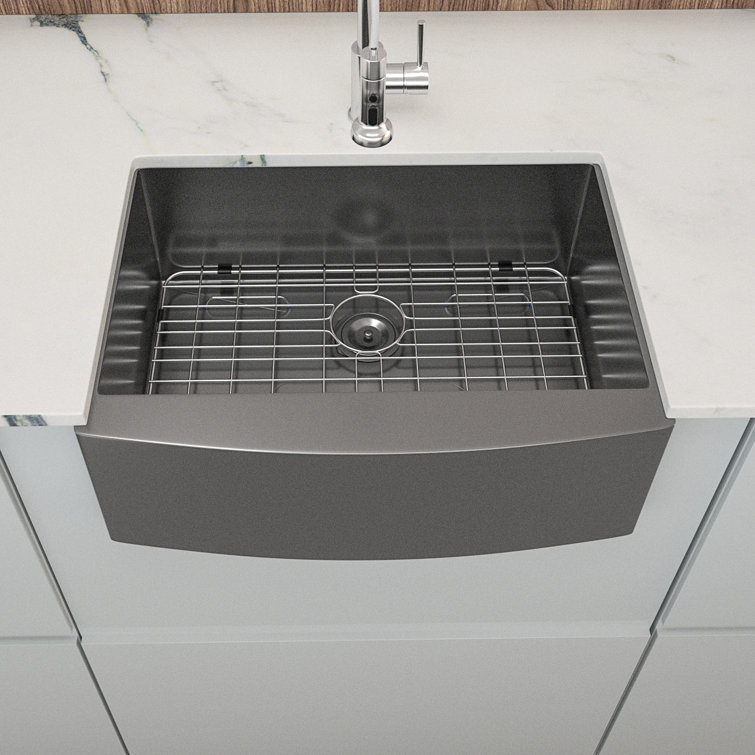 27 Inch Farmhouse Kitchen Sink Gunmetal Black Apron Front 16 Gauge Stainless Steel Deep Single Bowl Kitchen Farm Sinks