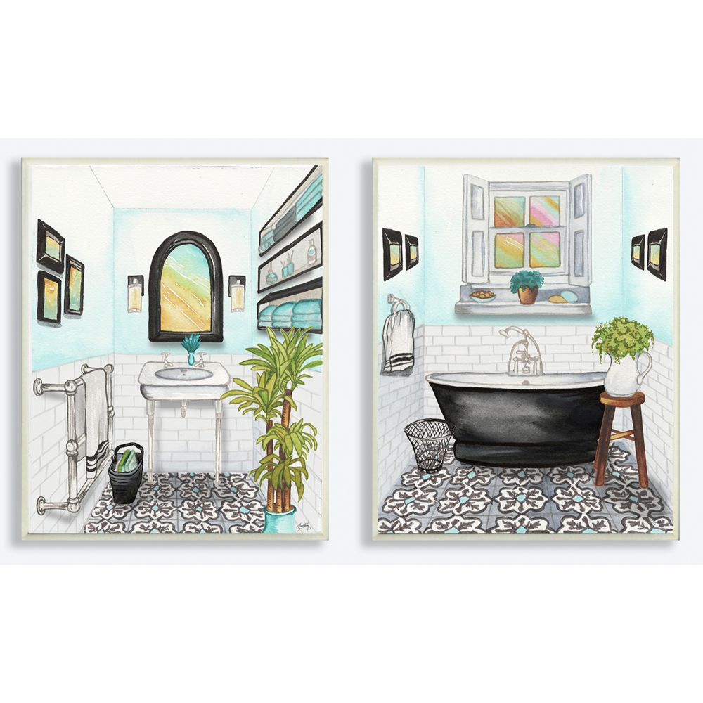 Ebern Designs Cute Bathrooms Watercolor Painting 2 Piece Graphic Art