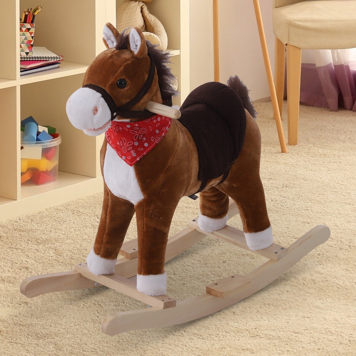 Qaba Kids Plush Toy Rocking Horse Unicorn Toy Plush Rocker Children Toddler Ride On Toy with Realistic Sounds Pink 