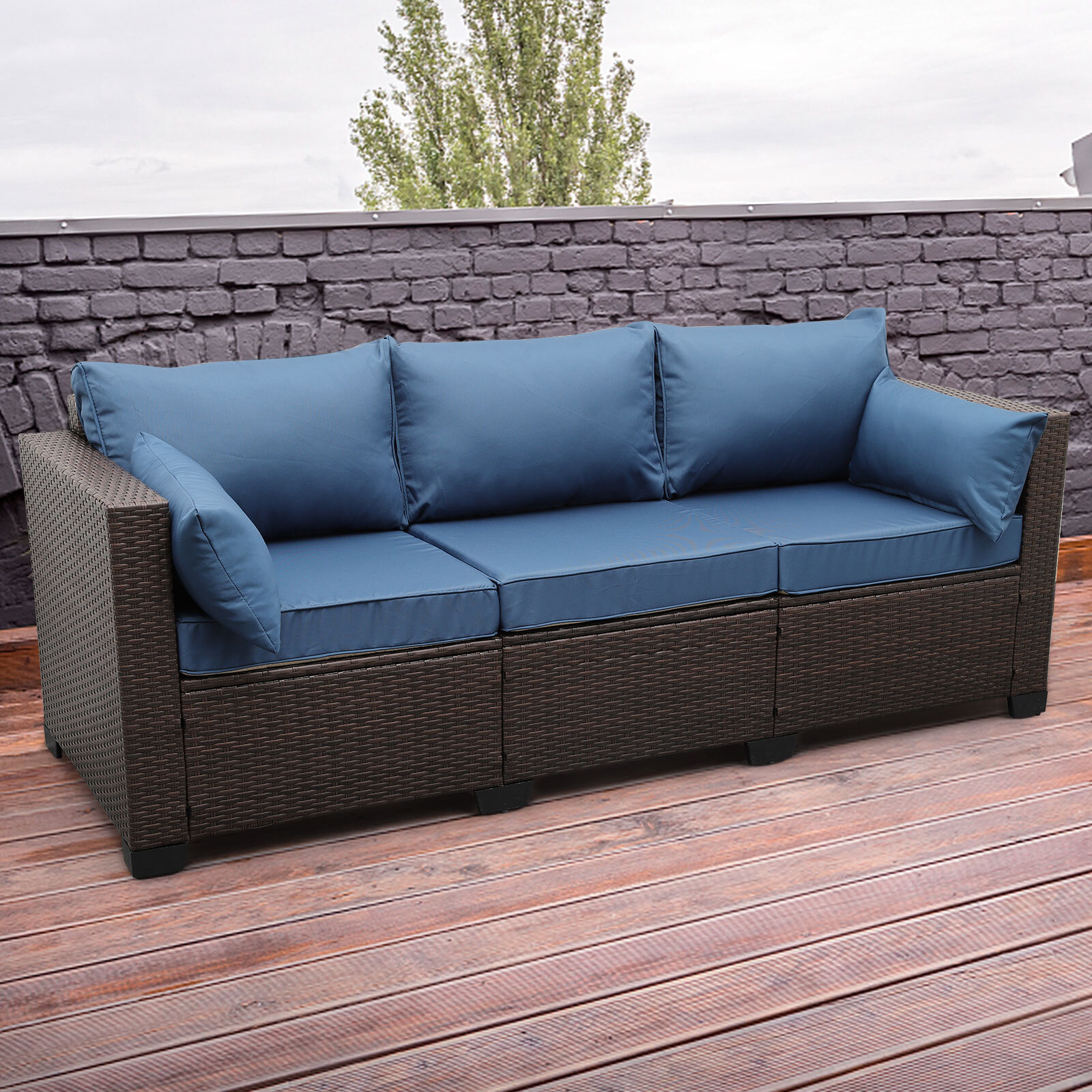 Black Rattan Outdoor Loveseat Sofa Chair Patio Wicker Furniture 2-Seater Sofa with Red Anti-Slip Cushions and Furniture Cover 