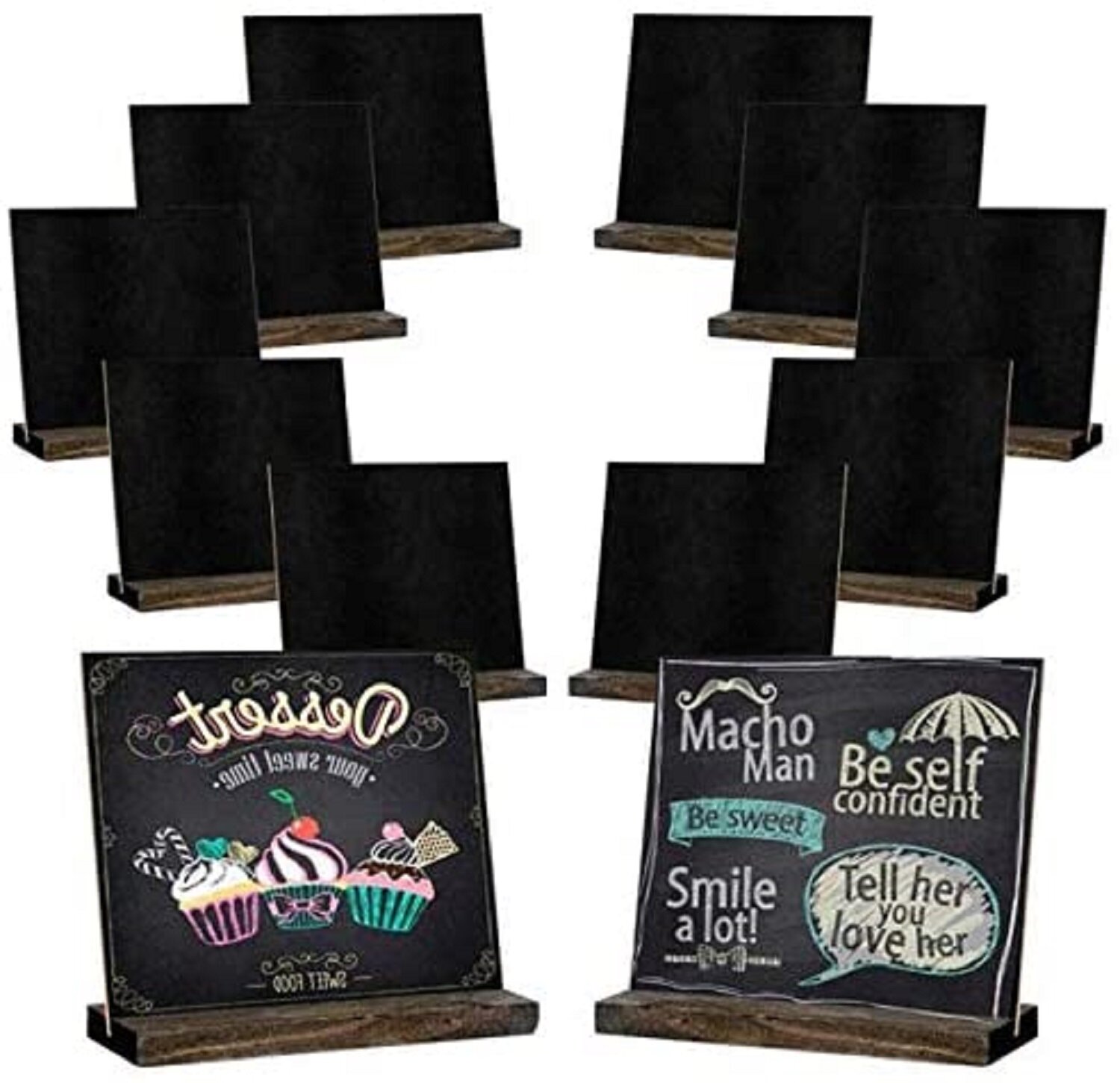 Set of 4，Include 3 chalks 5 X 6 Inch Mini Tabletop Chalkboard Signs with Rustic Style Wood Base Stands 