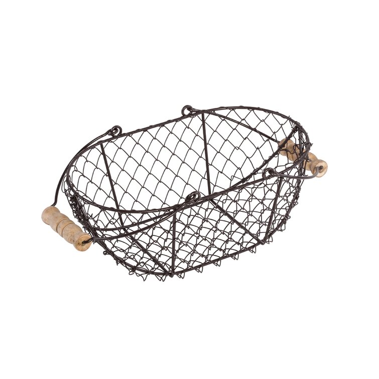 Gray Metal Wire Display Basket Bin Stackable Oval Two Wood Handles Set of 3 