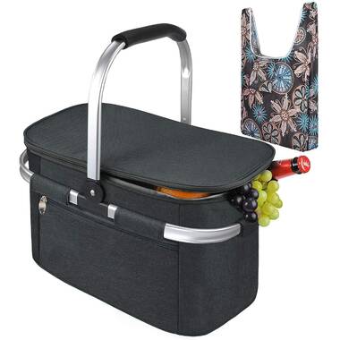 Black Foldable Insulated Picnic Basket Large Insulated Cooler Bag for Picnic with Strong Aluminum Frame Waterproof Lunch Tote for Grocery Outdoor Beach Travel Camping BBQ Party 