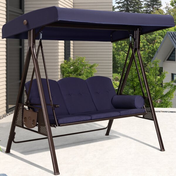Outsunny Double Patio Deck Hammock w/Wood Stand and Canopy Outdoor Two Person Extra Wide Sun Bed Backyard Garden Canopied Hanging Lounge Seat