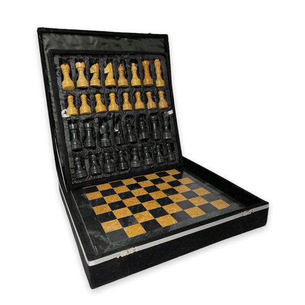 Folding Wood Chess Set Built in Storage & Round Extra Pieces Educational Toy 
