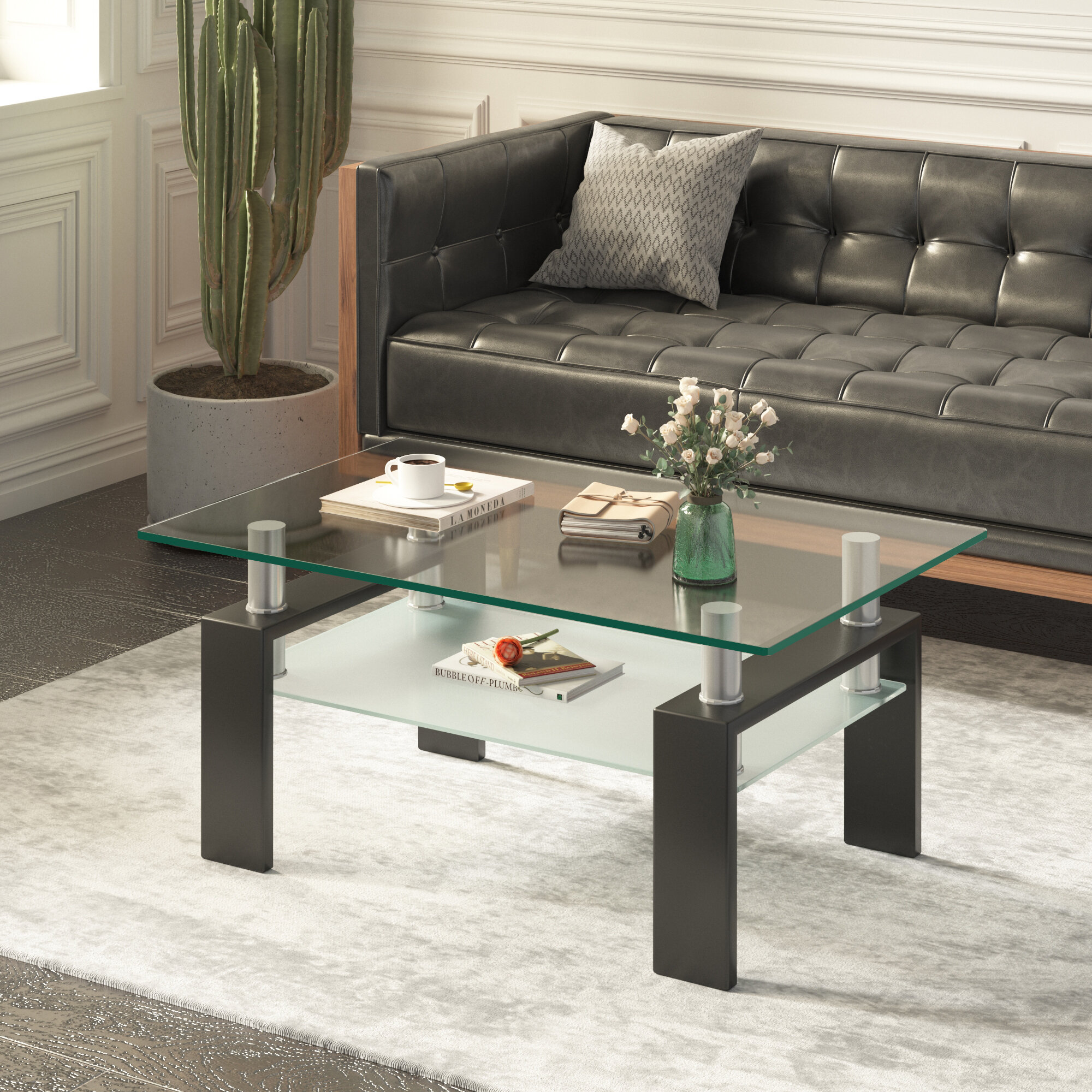 Modern Living Room Table with Lower Shelf Black Tempered Glass Top with Black Color Wooden Legs,Living Room Furniture,Waiting Area Table Living Room Rectangle Glass Coffee Table