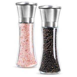 Salt and Pepper Grinder Adjustable Ceramic & Stainless Steel Mill Set Glass Body Refillable Mill Shakers Easy Clean Grinders with Silicon Funnel and Cleaning Brush Set of 2 