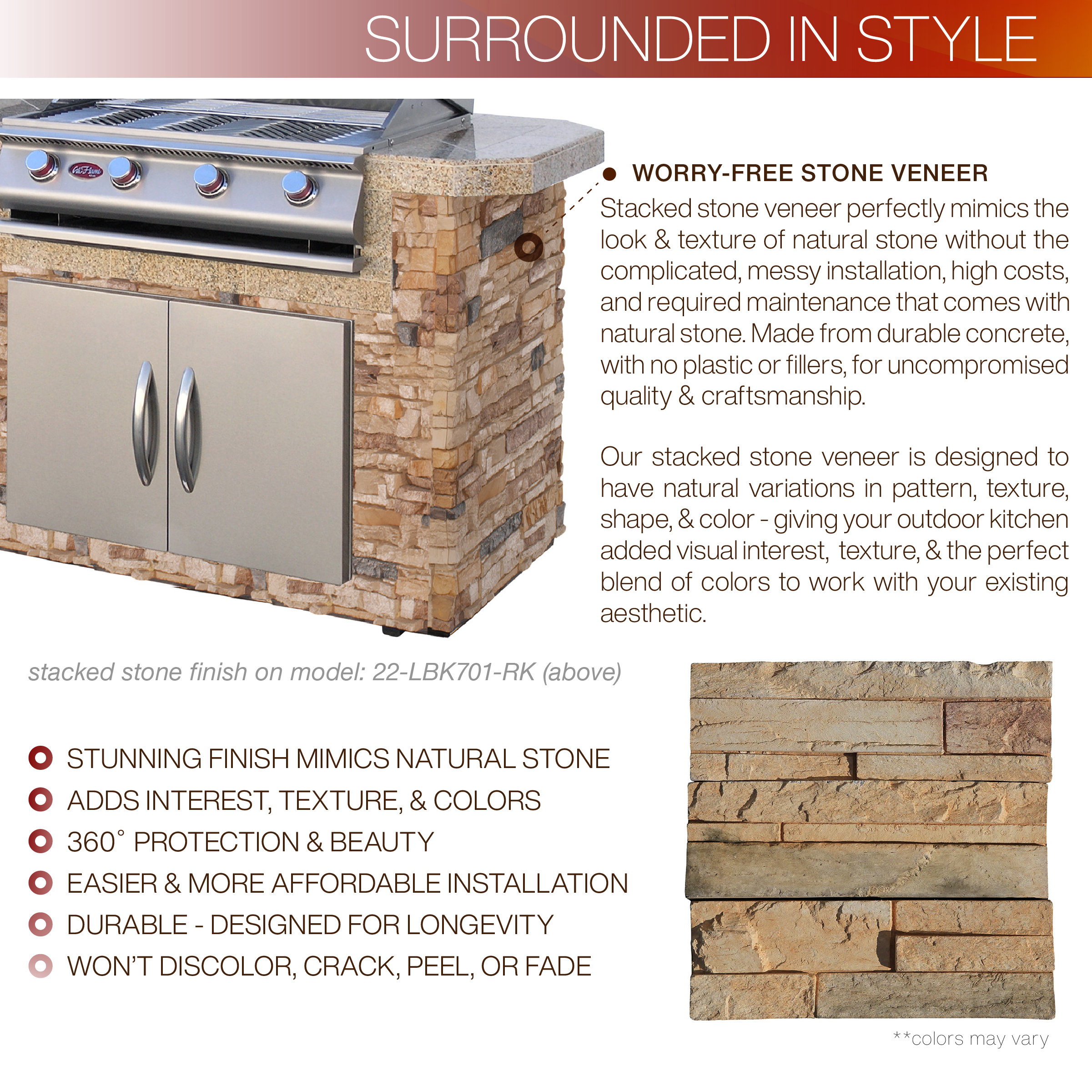 Cal Flame 7 Ft. Stone Veneer Grill Island With Tile Top And 4Burner