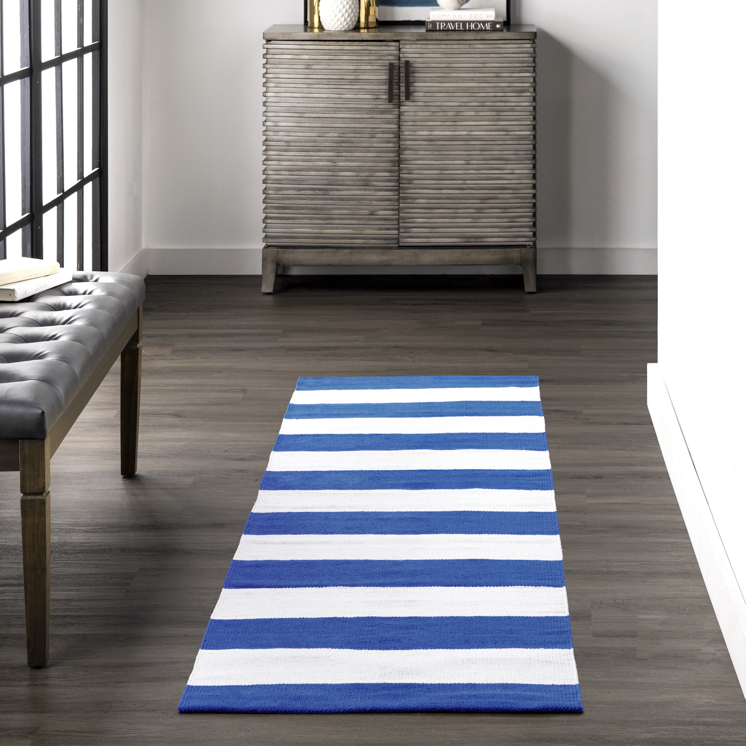 Longshore Tides Massengale Striped Cotton Area Rug in Blue/White Wayfair