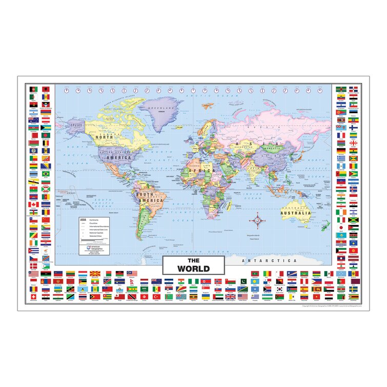 WORLD MAP POSTER 24x36 GEOGRAPHY COLOR FLAGS 33057 