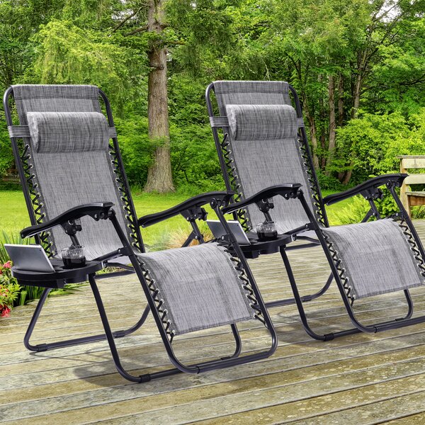2 Folding Zero Gravity Chairs Lounge Beach Camp Recliner w/ 2 Cup Holders 330lbs 
