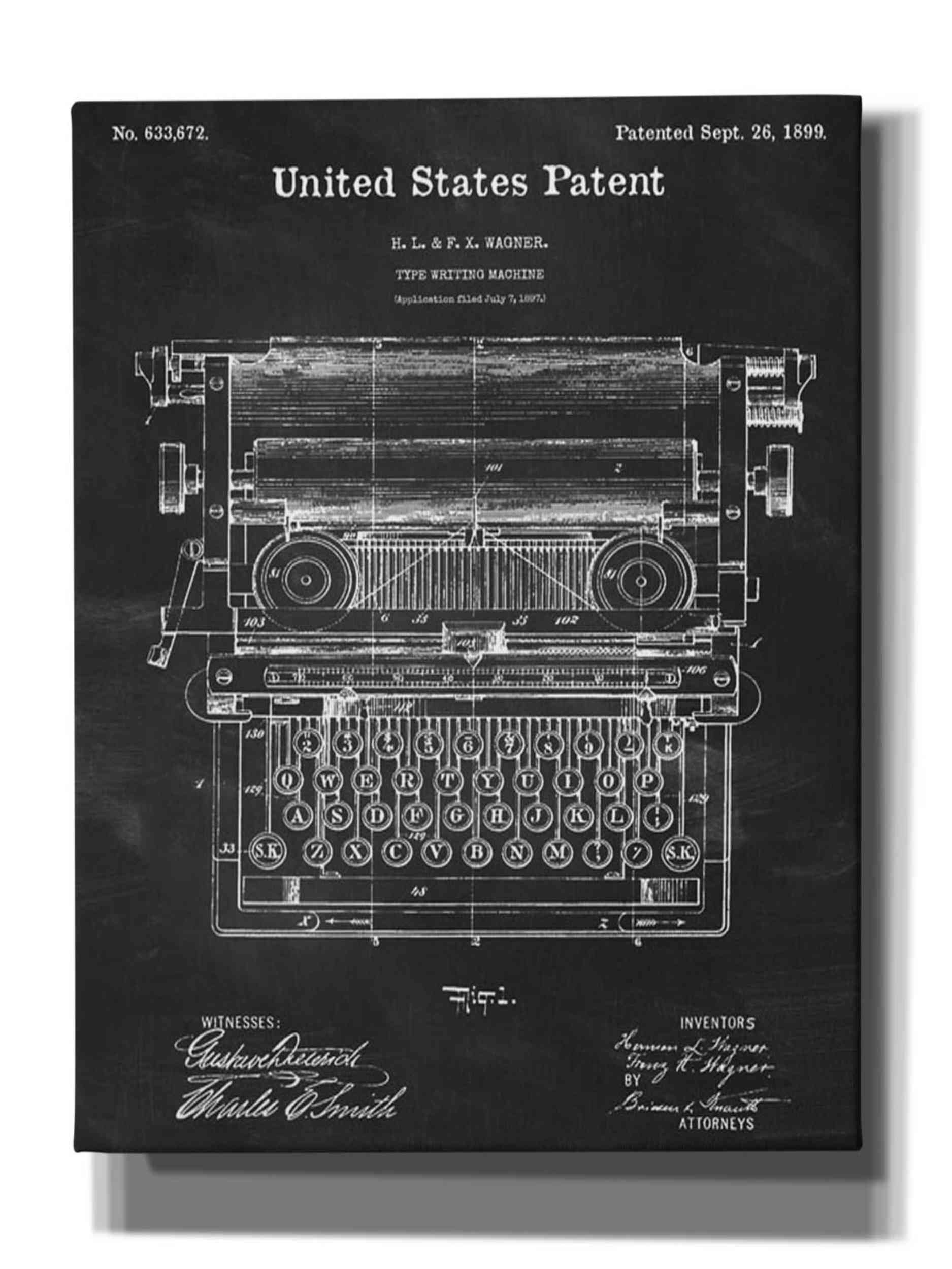 Williston Typewriter Blueprint Patent Chalkboard Drawing Print
