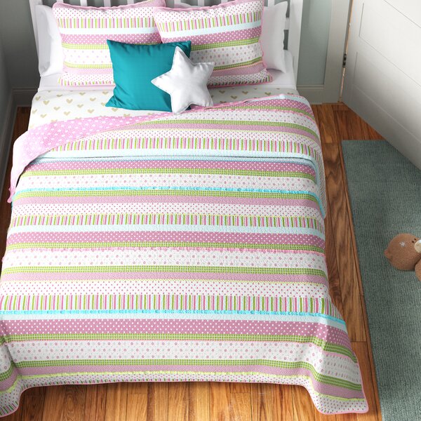Coverlet Bedspread Pink Green Chic Ruffle Girl Cotton Quilt Set
