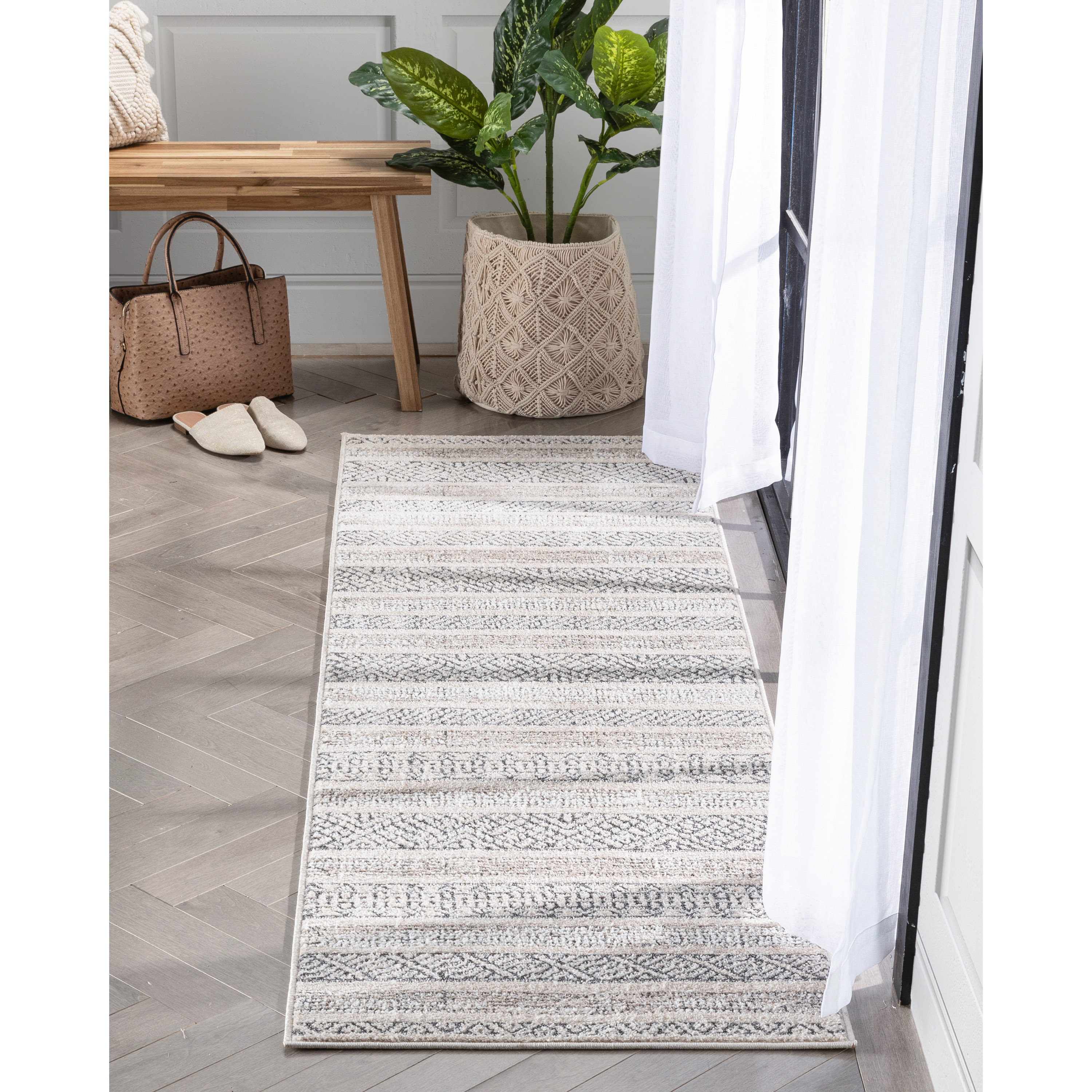 Well Woven Malaga Fresco Tribal Geometric Beige Distressed High-Low Rug ...