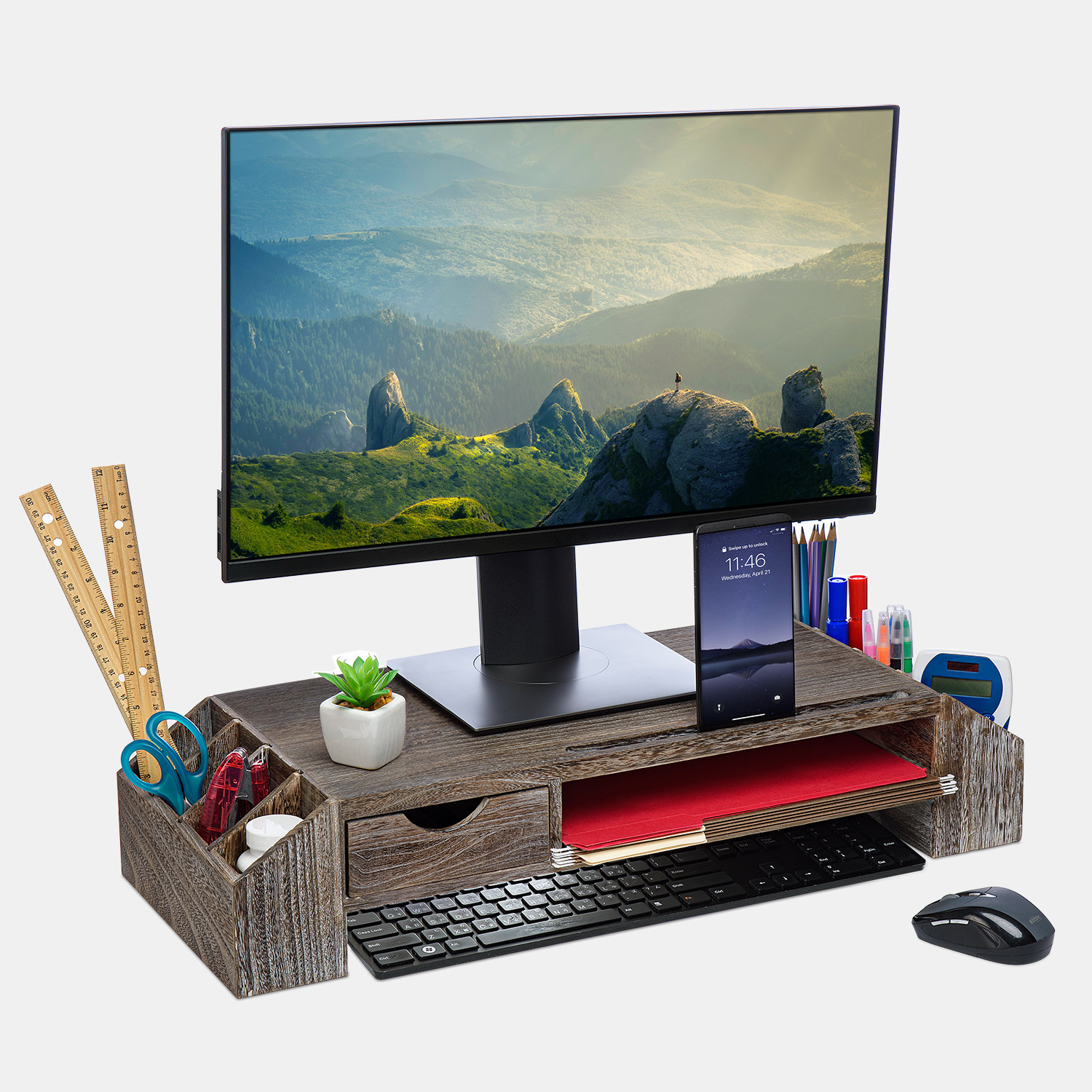 Gracie Oaks Wooden Monitor Riser Stand Desk Organizer | Wayfair