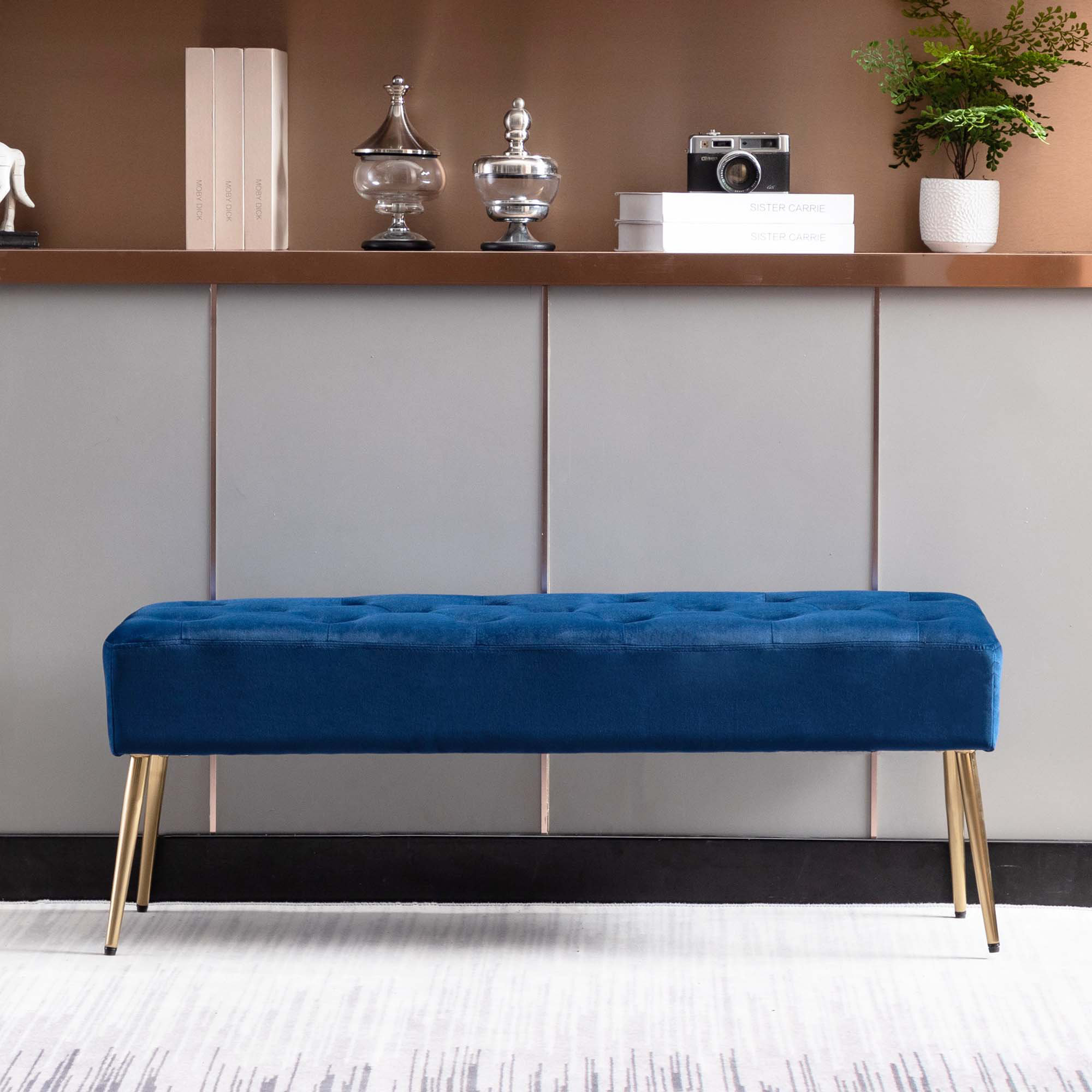 blue upholstered bench