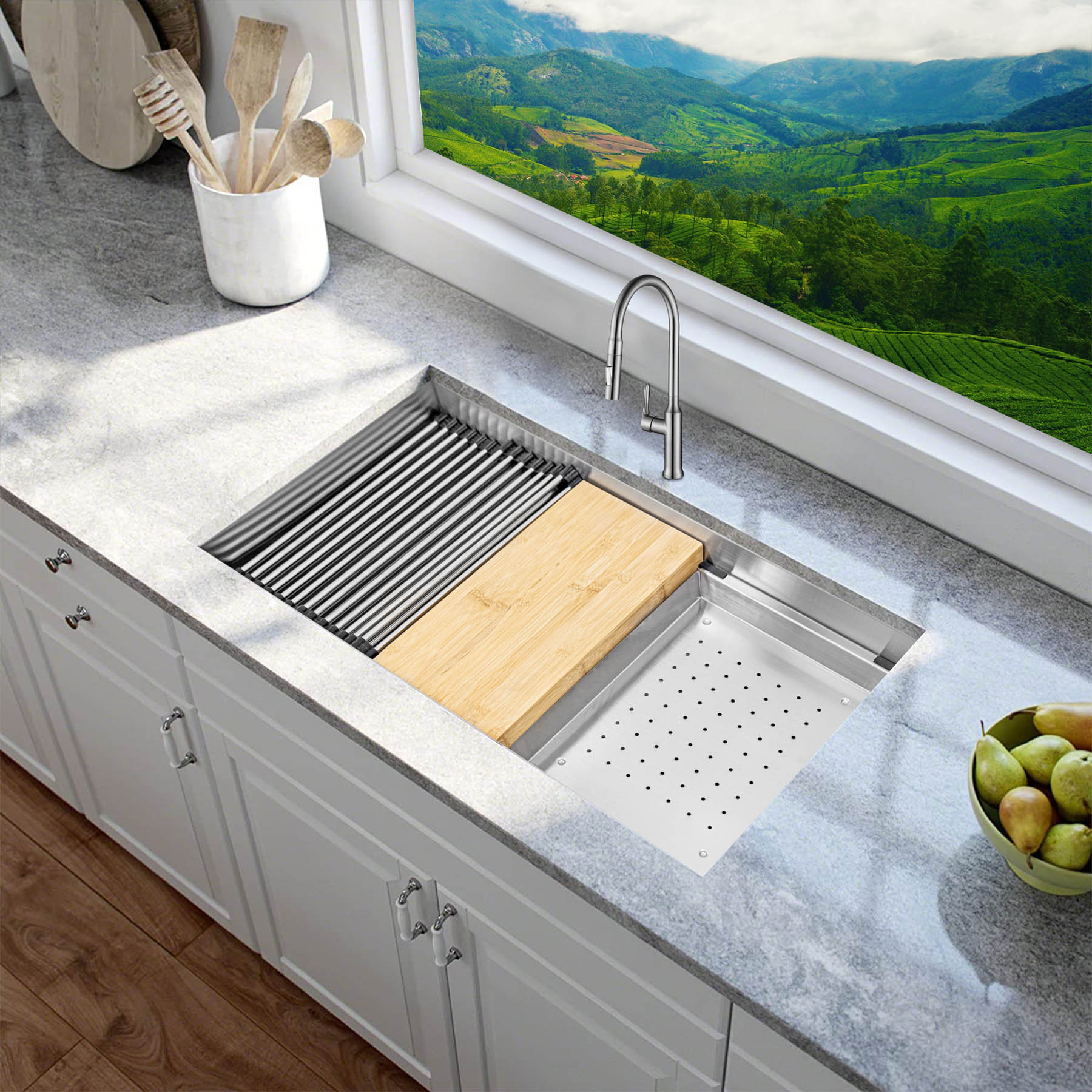 KBFmore 33 Inch Undermount Topmount Workstation Kitchen Sink, Stainless