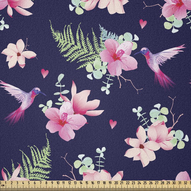 East Urban Home Ambesonne Navy And Blush Fabric By The Yard, Tropical Flower  Bouquets And Flying Hummingbirds Tiny Little Hearts,Square | Wayfair