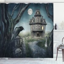 Details about   Halloween Moon Night Church Pumpkins Bats Waterproof Fabric Shower Curtain Set 