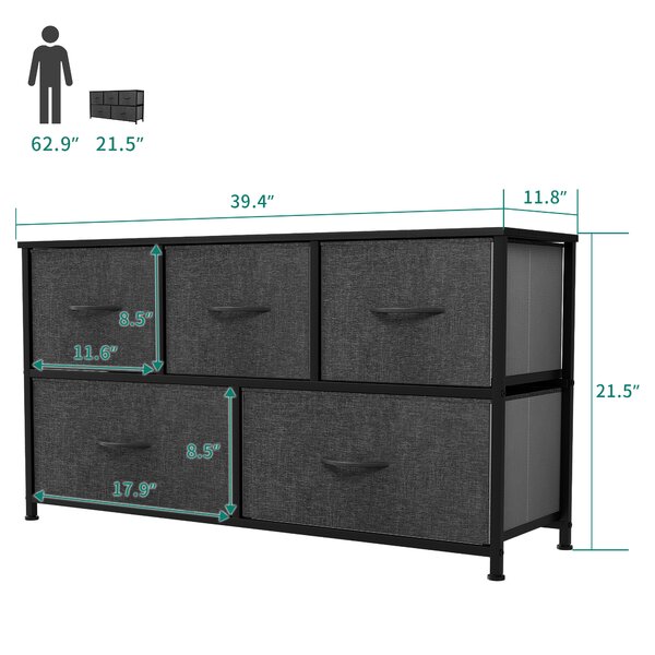 YITAHOME Wide Bedroom Dresser 5 Drawers Shelf Organizer Black Chest Cabinet Bins 