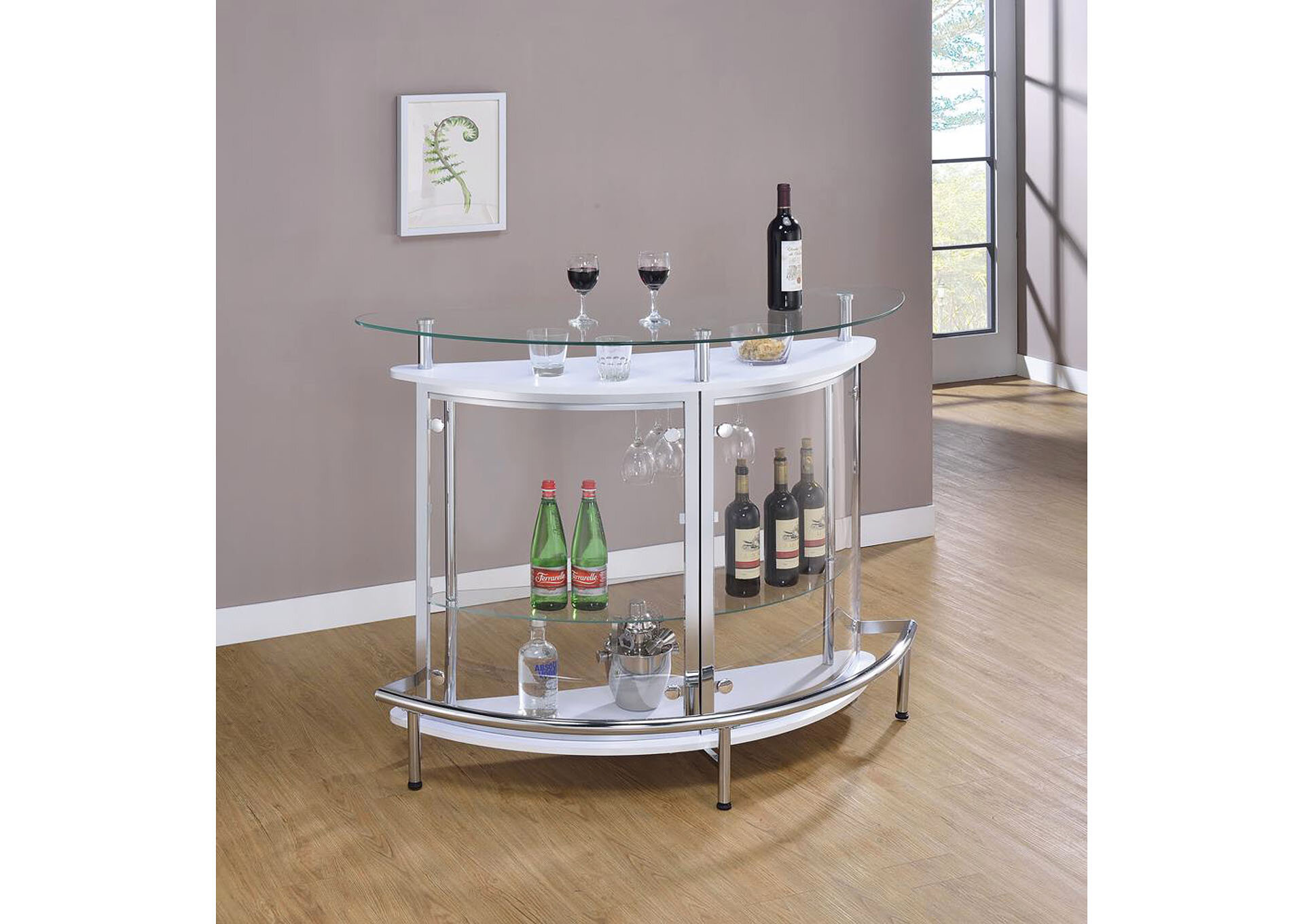 Half Moon White Bar Unit Tempered Glass Table Contemporary Wine Beverage Drink 
