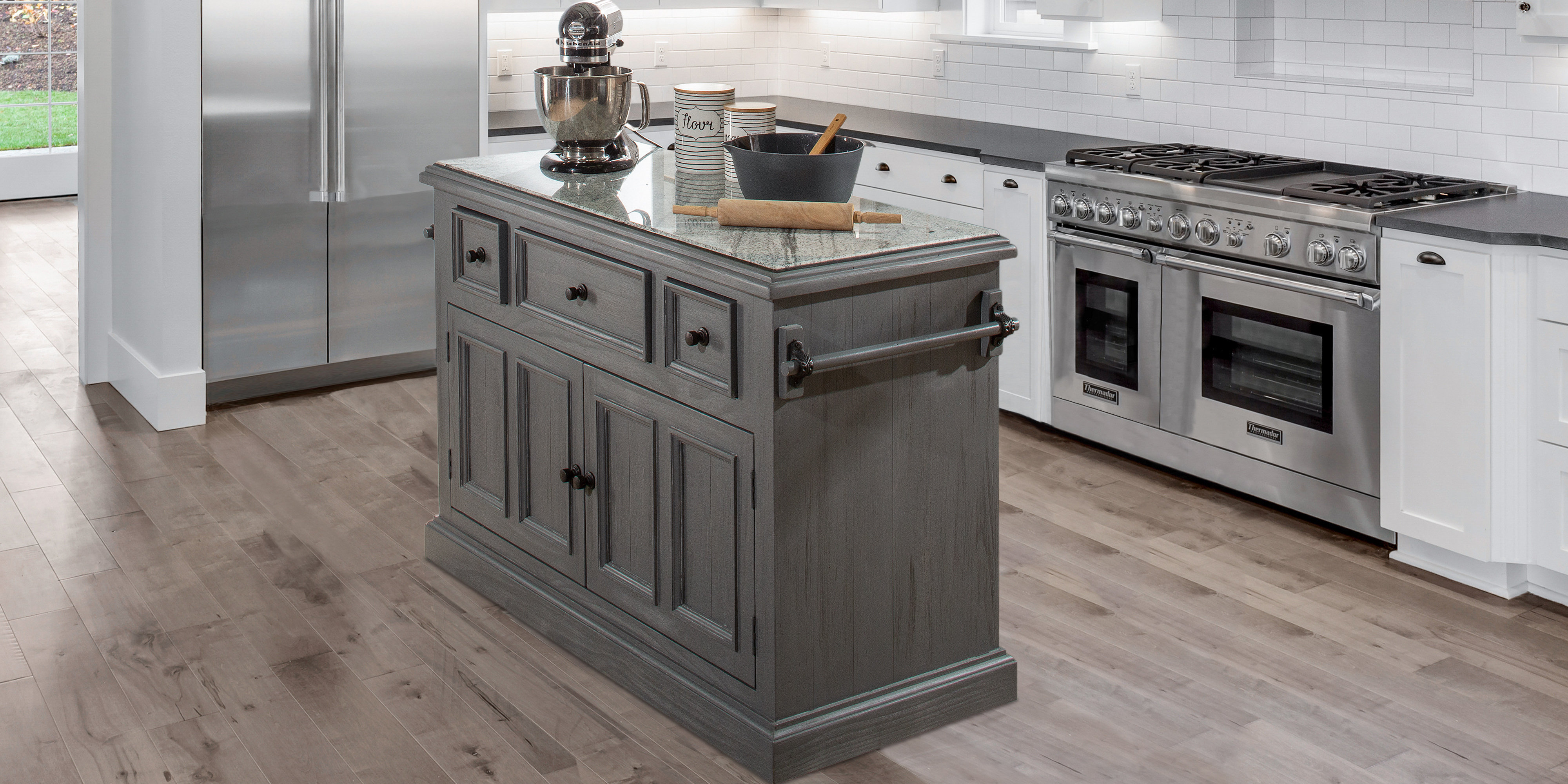 Three Posts Eloy 51'' Wide Rolling Kitchen Island with Granite Top