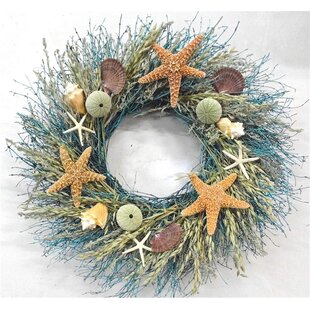 22” Blue Beach House Coastal Seashell And Starfish Aqua Twig Round Wreath 