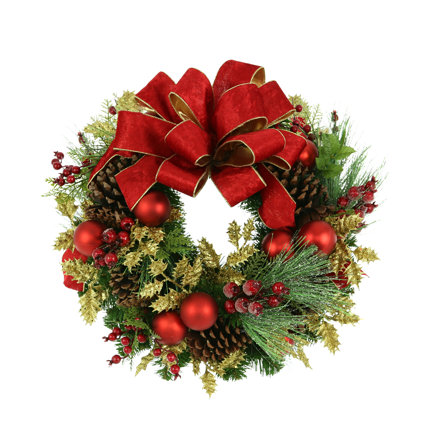 22" Holiday Wreath With Berries, Holly And A Bow