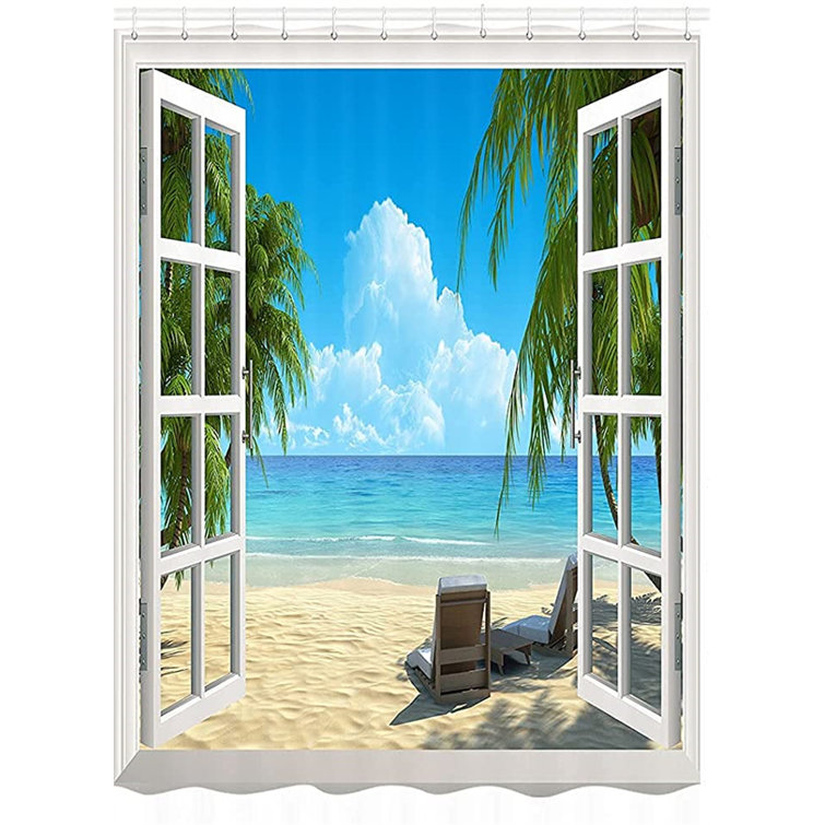 Tropical Paradise Seaside Beach Shower Curtain Rug Palm Tree Bath Accessory Set for sale online 