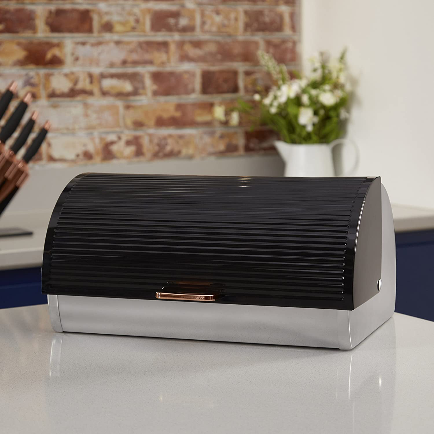 Tower T826000RB Bread Bin, Rose Gold Linear Collection, Roll Top Lid, Stainless Steel, Black and