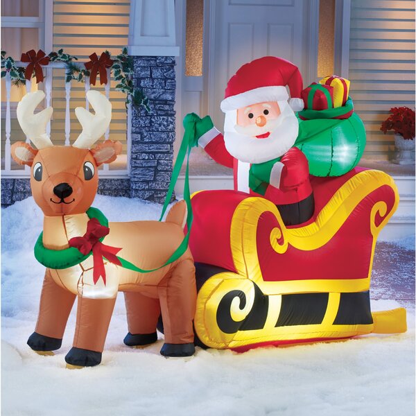New 9' airblown inflatable Santa seigh & 3 reindeer LED  lights up Christmas 