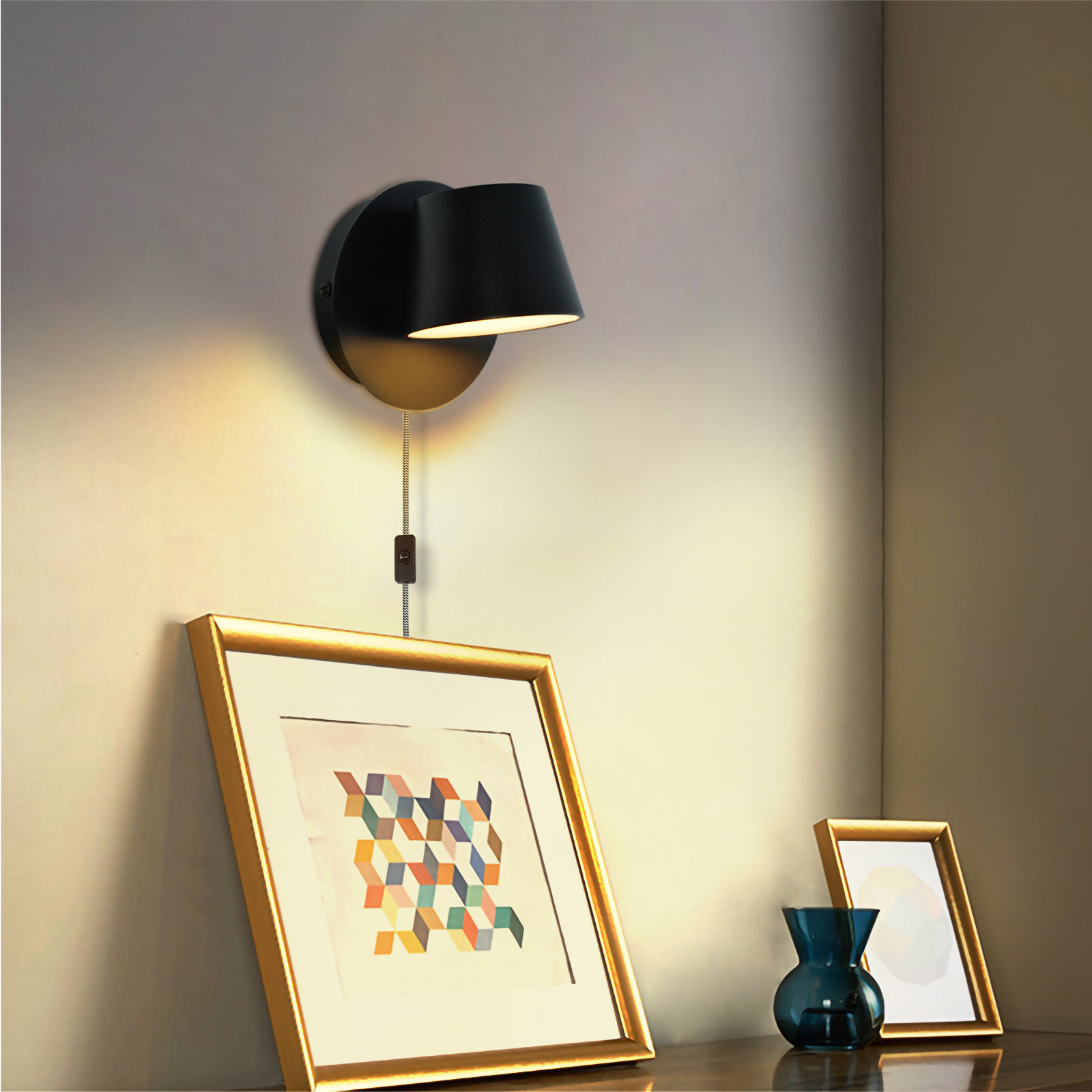 Ebern Designs Wynogene Modern Wall Lamp Plug in Cord Round Rotatable ...