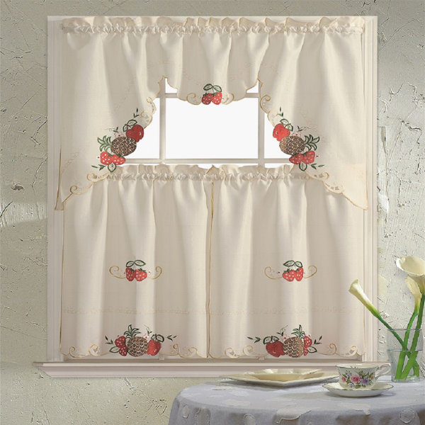 3 Pieces Embroidery Blue Daisy Flower Couple Kitchen/cafe Curtain Tier Swag Set 