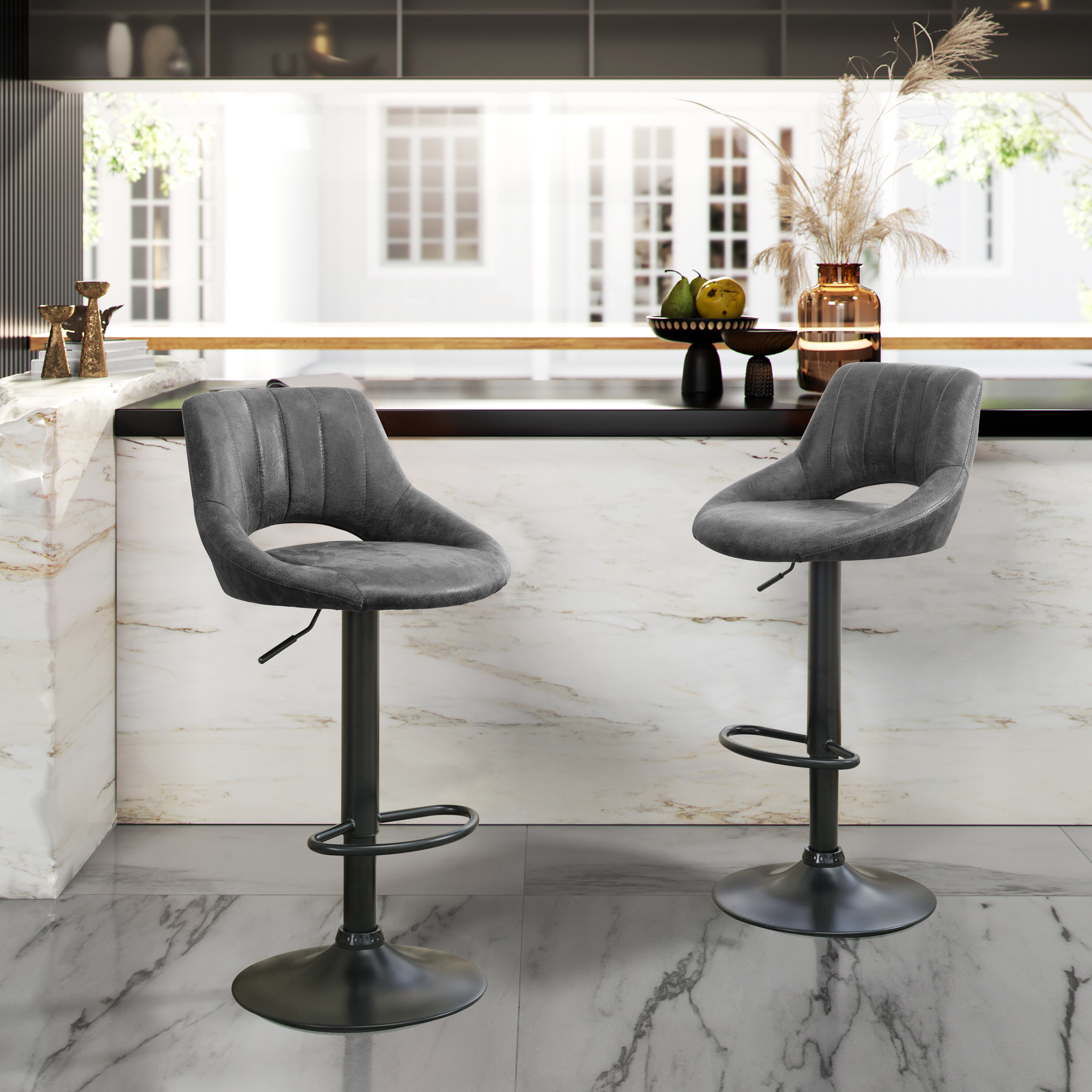 Set of 2 Bar Stools Counter Height Adjustable PU Leather Swivel Dining Chair US 