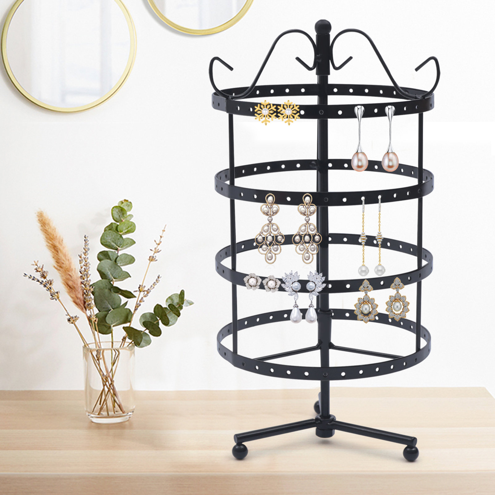 Hanging Display Storage Rack Tree for Earrings Bracelets Necklaces Bronze Girls & Women Earring Necklace Holder Organizer w/ 144 Holes Flexzion Jewelry Tower Display Antique Birdcage Copper Stand 