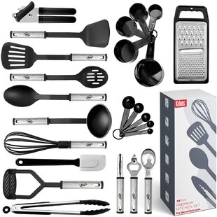 BPA Free Dishwasher Safe Heat Resistant up to 446 degrees Fahrenheit Elegant Stainless Steel Silicone Black Silicone Kitchen Utensil 6 piece set non-stick durable and heavy duty 